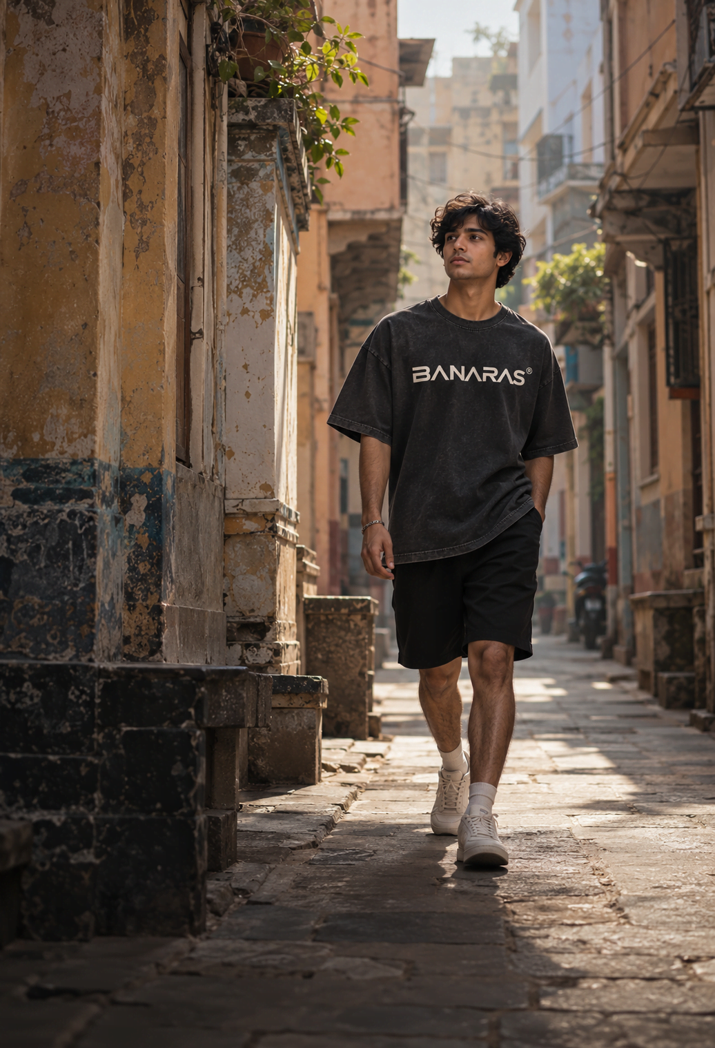 New drop tee worn in a lamplit Banaras lane at dusk